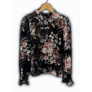 Womens Floral Sheer Blouse Black Long Sleeve Ruffle Neck Romantic Top Small